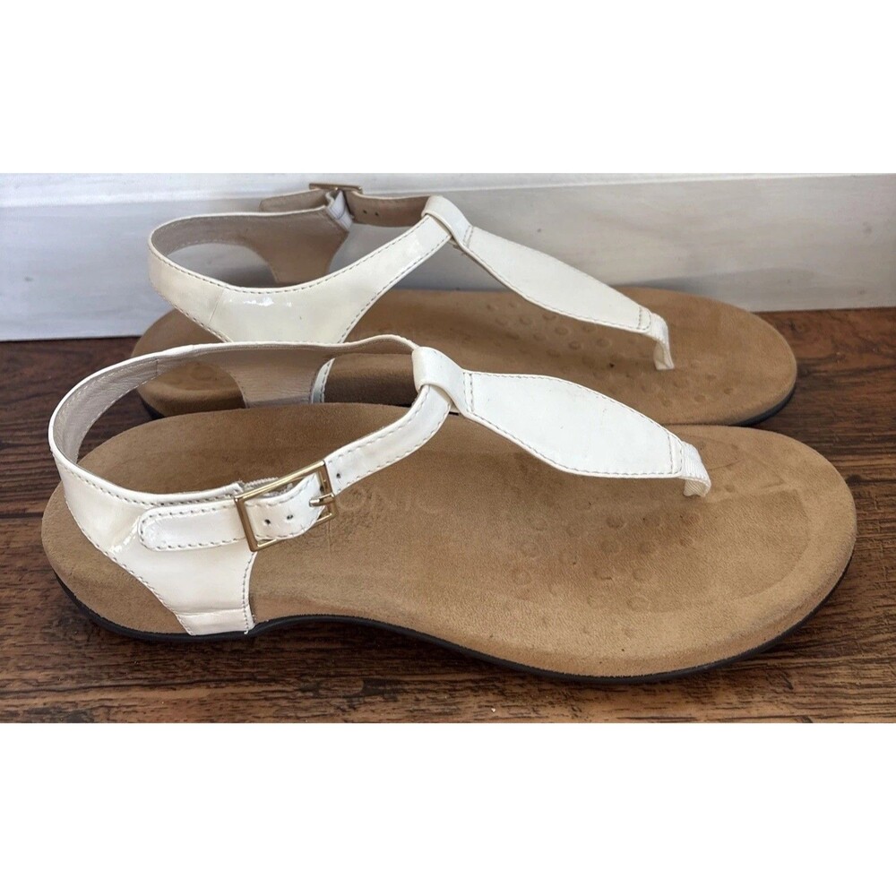 Vionic Palisades White Patent Leather Buckle Orthopedic Thong Comfort Sandals 7